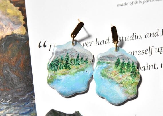 Hand-Painted Mountain Landscape Earrings: Pol...
