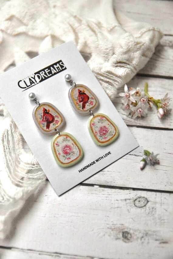 Hand-Painted Cardinal Floral Dangle Earrings:...