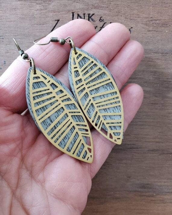 Layered Wood Earrings: Brass Palm Leaf, Teard...
