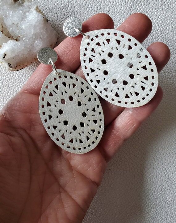 Boho Mandala Wood Earrings: Hand-Painted Silv...