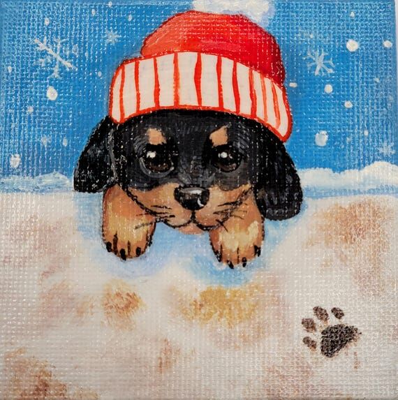 Snow Paws 3x3 in. Original Gouache Painting...