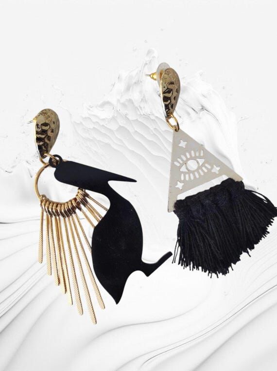 Bold Black and Gold Statement Earrings - Hand...