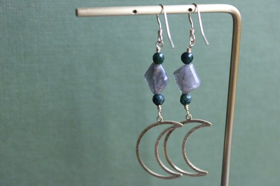 Labradorite moon dangle earrings, 14k gold fi...