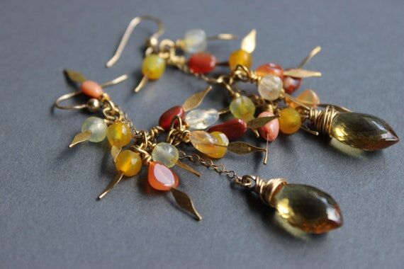 Fire Opal Dangle Earrings, 14k Gold Fill Earr...