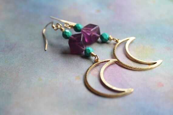 Fluorite moon dangle earrings, 14k gold fille...