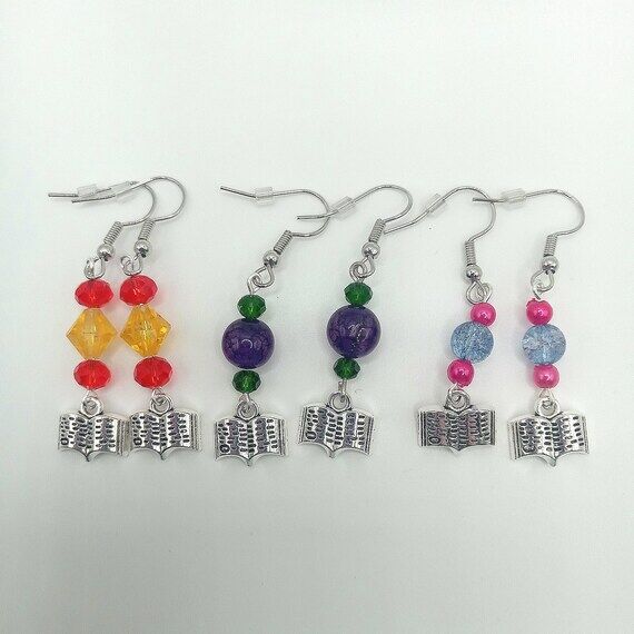 Book Earrings with Beads|Small Literary Jewel...