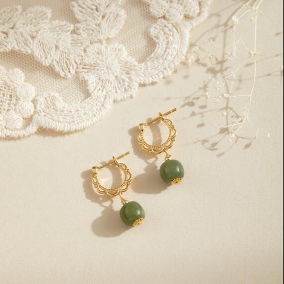 Dainty Green Jade Hoop Earrings,Minimalist St...