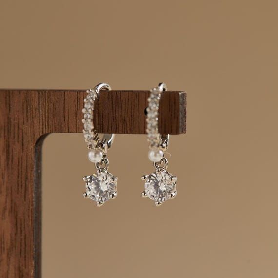 Tiny Pearl Hoop Earrings with Diamonds,Minima...
