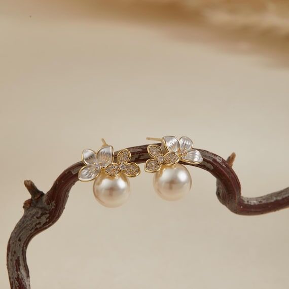 Single Pearl Studs Earrings, Flower Pearl Stu...