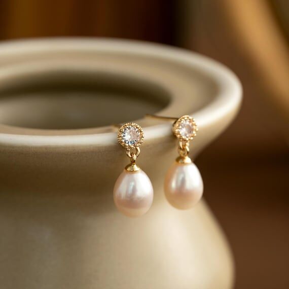 Real Freshwater Pearl Earrings with Diamonds,...