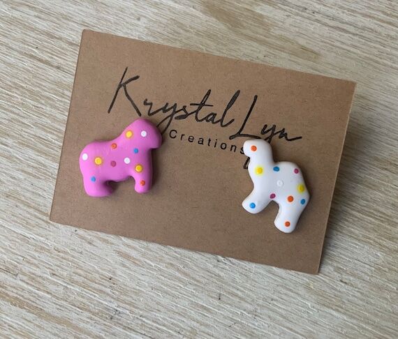 Circus Animal Cookie Stud Earrings: Pink & Wh...