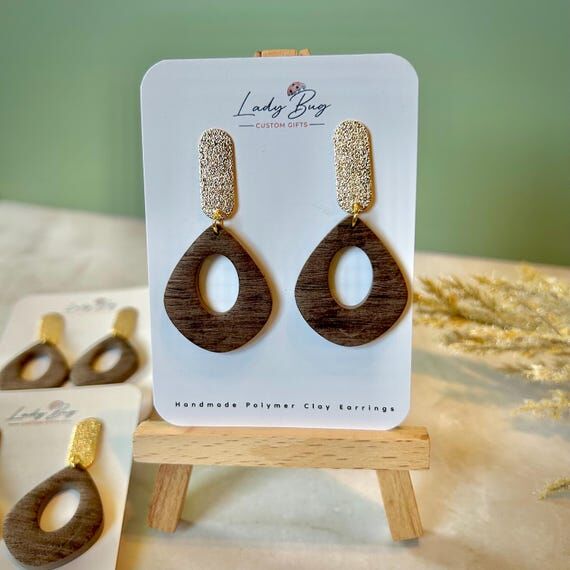 Faux Wood Teardrop Earrings | Textured Gold C...