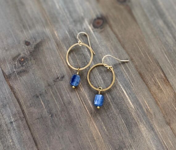 Gold & Blue Small Kyanite Hoop Earrings, natu...