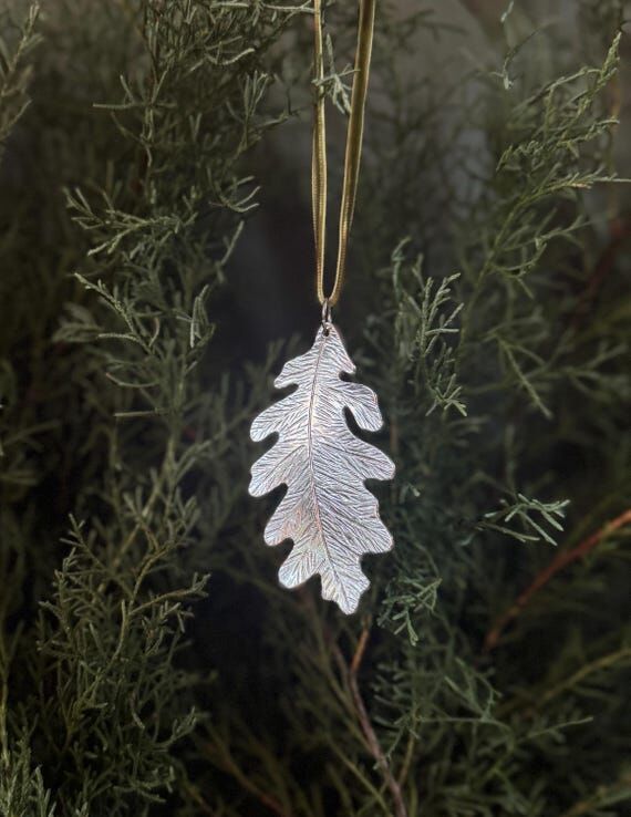 Handmade Ornament, Oak Leaf, Pewter, Velvet ...
