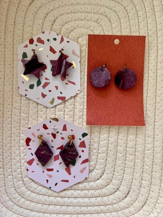 Polymer Clay Earrings, Maroon and Gold Polyme...