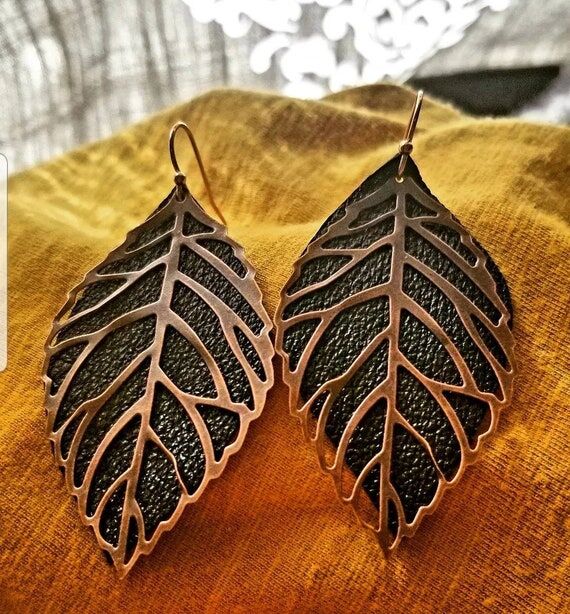 Upcycled Leather Leaf Earrings: Antiqued Copp...