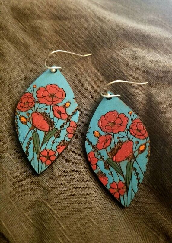 Poppy Flower vibrant dangle Earrings Handpain...