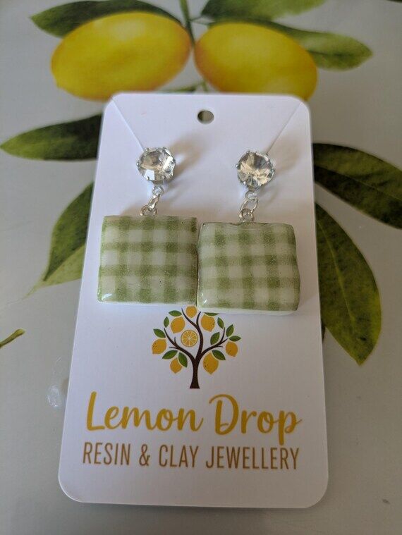 Lime green gingham square polymer clay earrin...