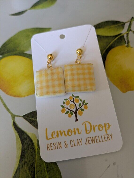 Lemon gingham square polymer clay earrings wi...