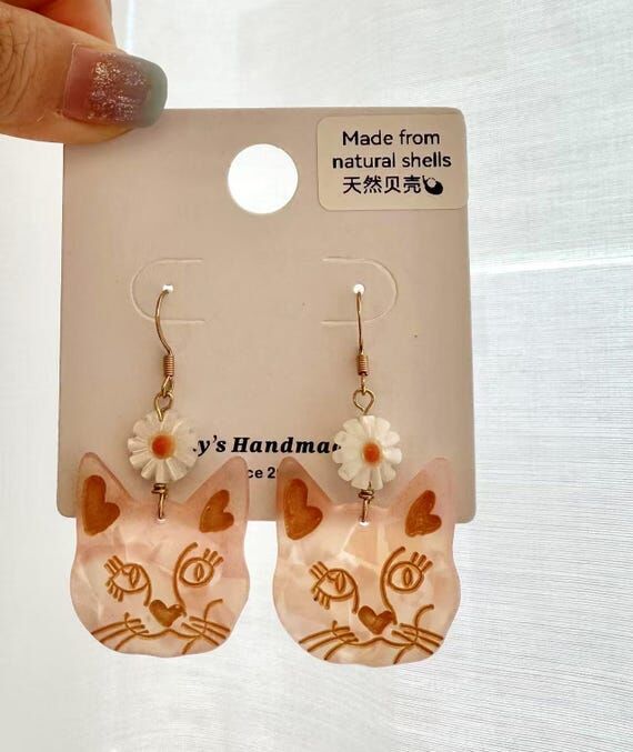 Kawaii Cat Earrings: Floral Shell, Hook or Cl...