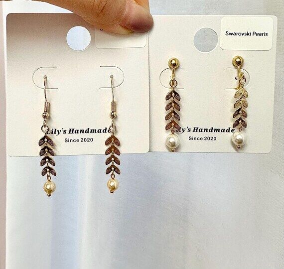 14K Gold Leaf Pearl Earrings, Dangle and Drop...