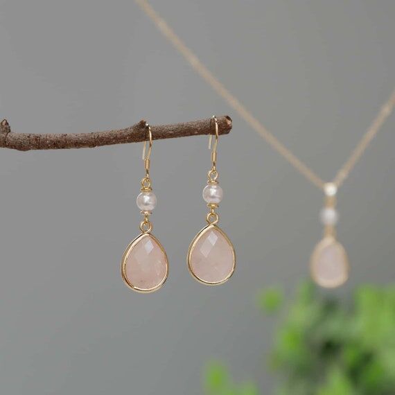 Rose Quartz Pearl Drop Earrings Necklace Heal...