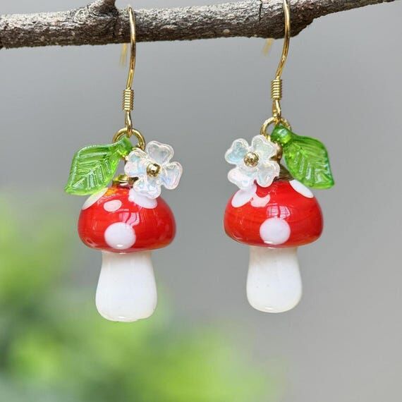 Mushroom Earrings Glass Food Earrings Hypoall...