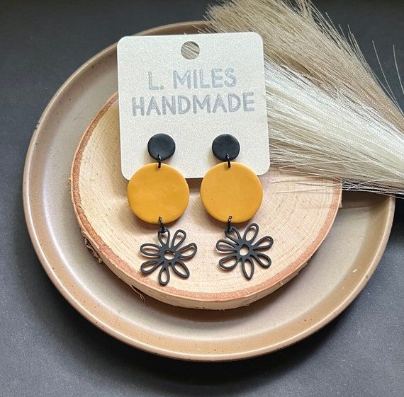 Handmade Yellow Flower Earrings: Black Polyme...