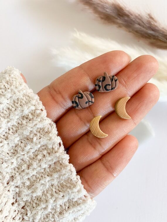 Fall stud earrings set of 2, gold moon stud e...