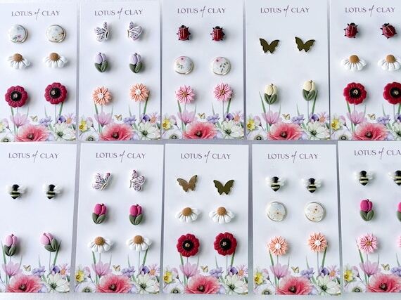 Spring floral stud pack, polymer clay spring ...