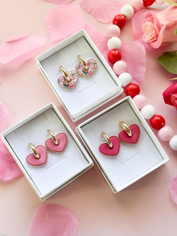 Heart hoop earrings, gold chunky hoops with h...
