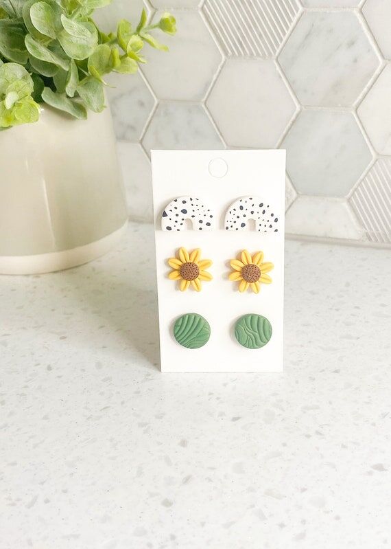 Sunflower Stud Pack | Polymer Clay Earrings |...