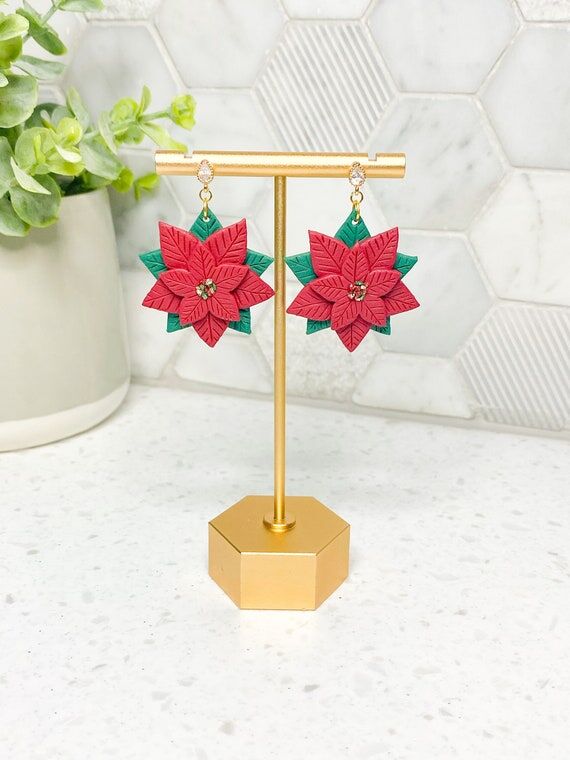 Large Poinsettia Dangle Earrings | Polymer Cl...