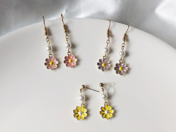 Enamel Daisy Pearl Flower Earrings Colourful,...