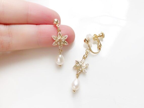 Gold Pearl Snowflake Earrings Zirconia, Pierc...