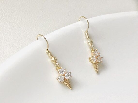 Gold Ice Cream Cone Earrings, Pierced or Clip...