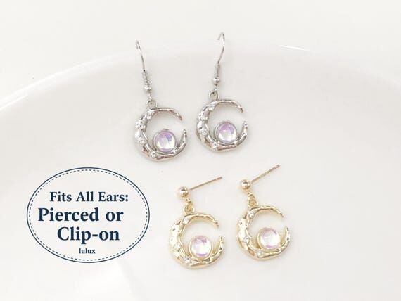 Iridescent Crescent Moon Earrings Gold Silver...