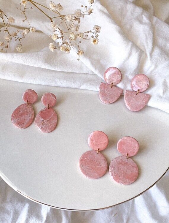 Faux Rose Quartz Dangle Earrings | Polymer Cl...