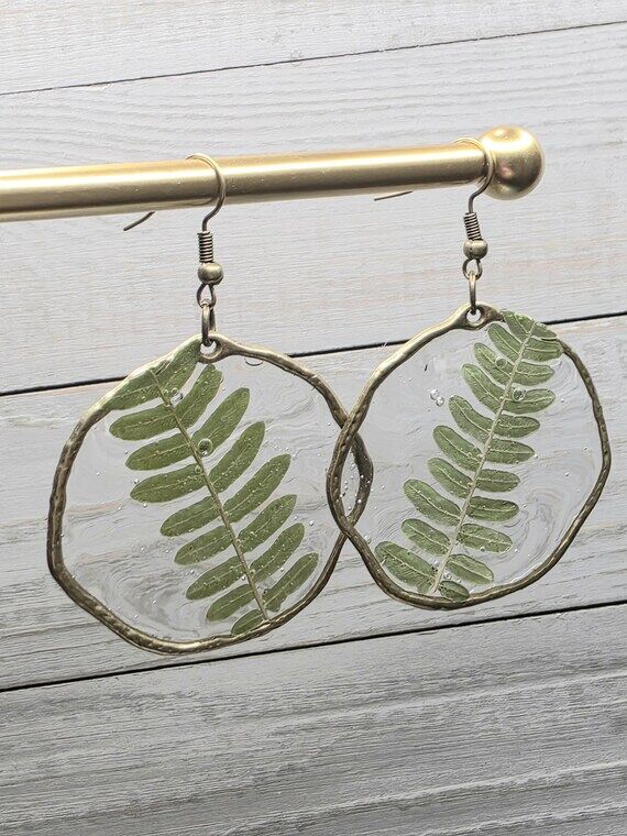 Fern earrings, resin, green earrings, pressed...