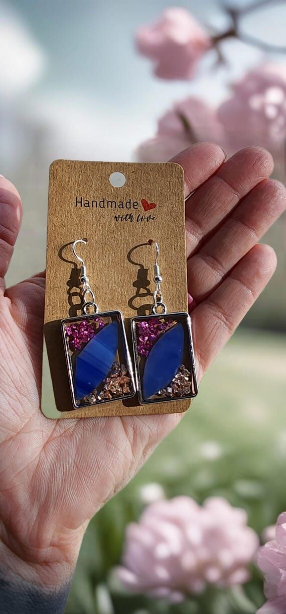 Handmade Resin Dangle Earrings: Blue Stone & ...