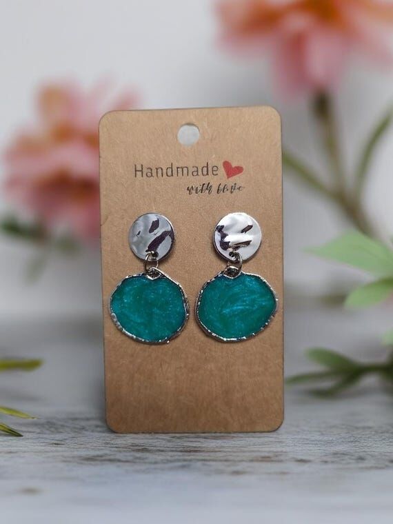 Handmade Teal Resin Earrings, Petite Circular...