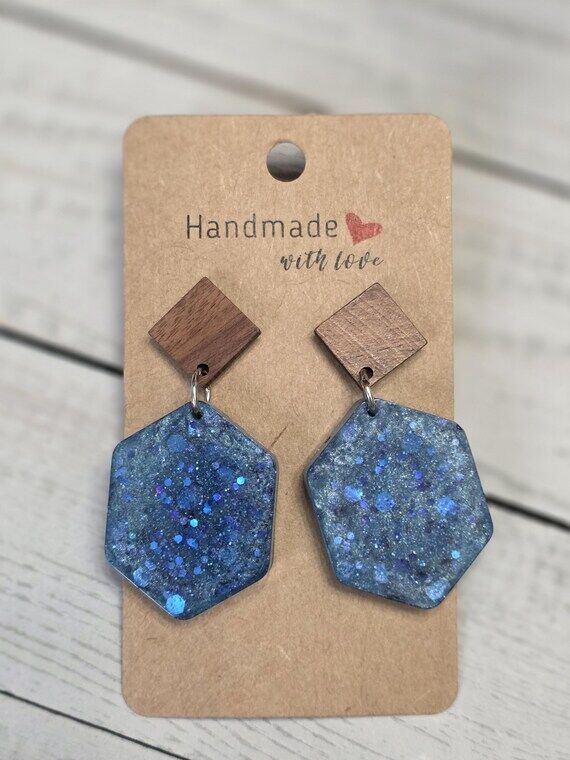 Blue Glitter Hexagon Dangle Earrings, Wooden ...