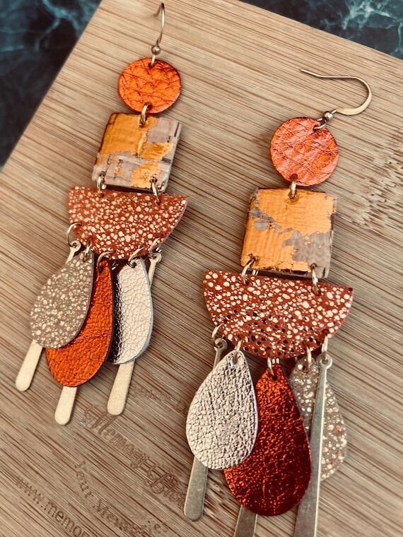Handmade Orange Leather Dangle Earrings - Met...