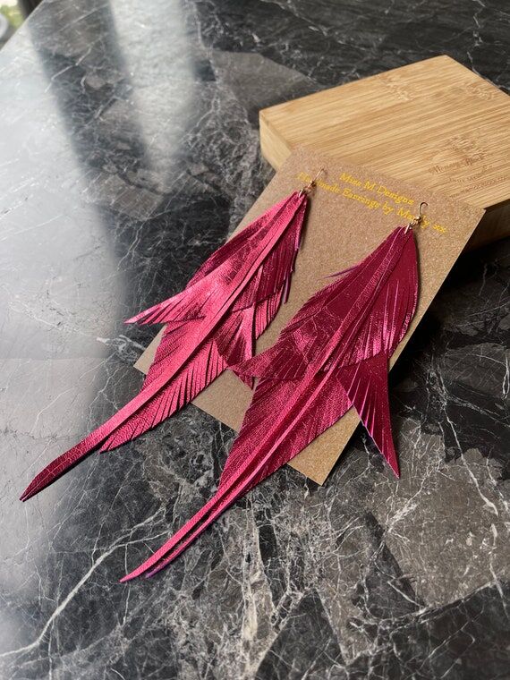 Metallic Rose Leather Statement Earrings: Lon...