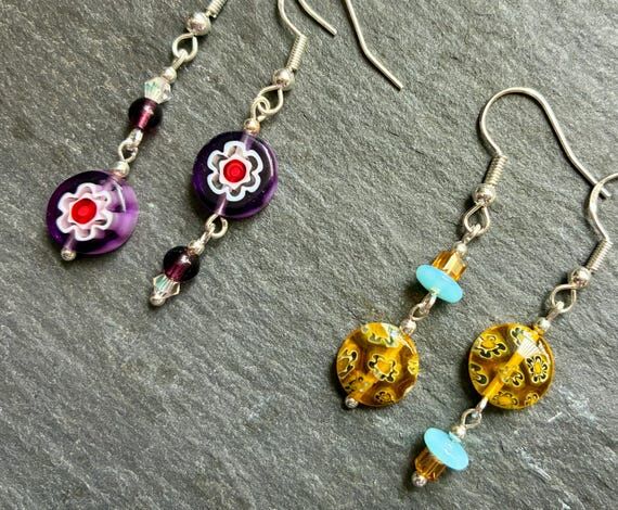 Mismatched earrings, floral bead drop earring...