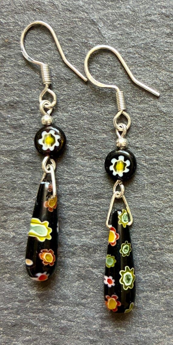 Millefiori Glass Bead Drop Earrings: Sterling...