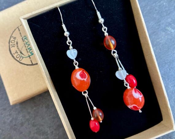 Mismatched Orange Beaded Earrings: Unique Boh...