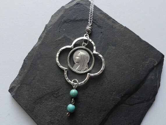 Our Lady statement necklace, silver Catholic ...