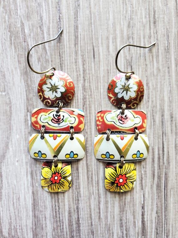 Upcycled Tin Earrings: colorful floral 4 tier...