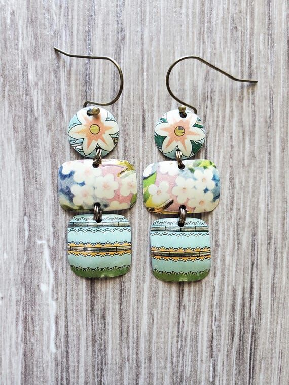 Vintage Tin Earrings: pastel hydrangea floral...
